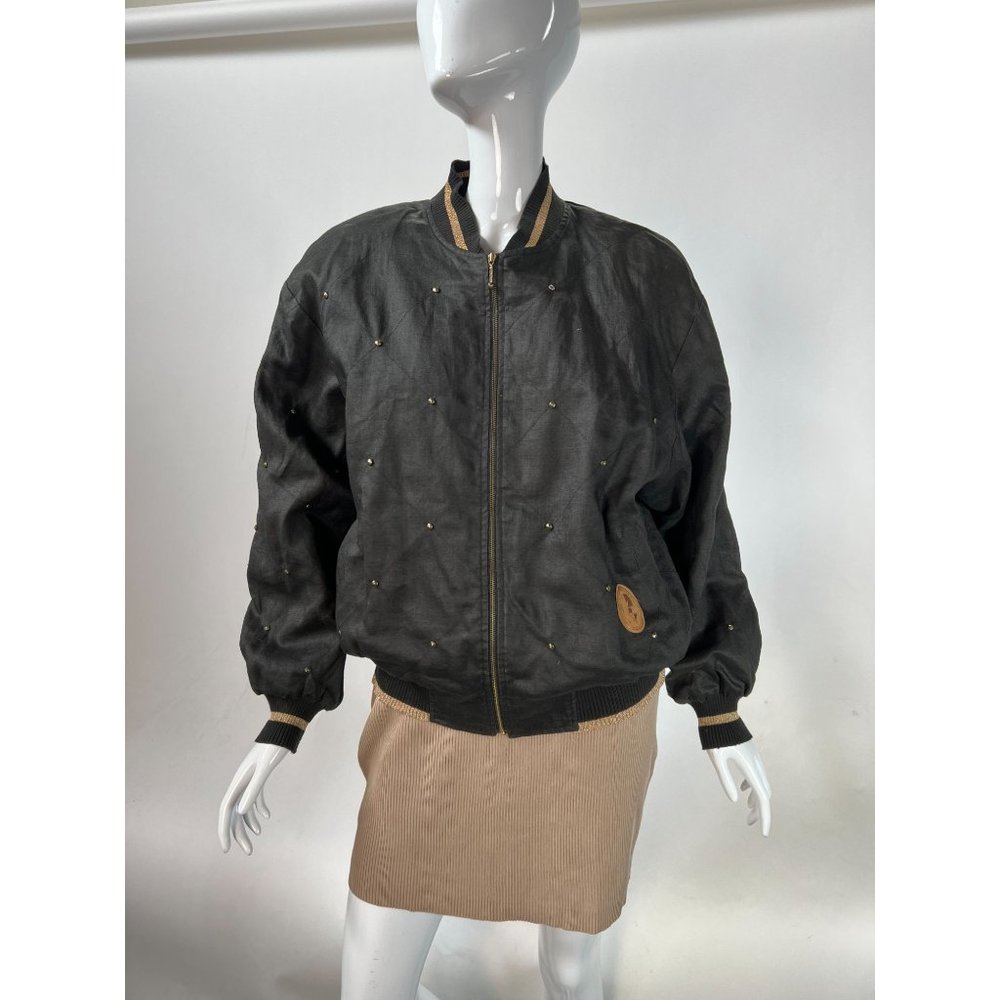 Pia Rucci Vintage Embellished Bomber Jacket  M Black Gold   Ramie